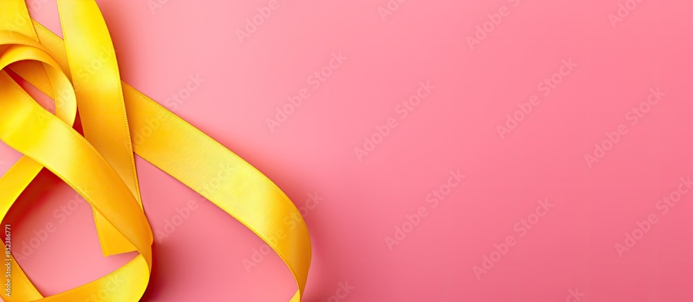 Poster beautiful pink ribbon on yellow background top view space for text. copy space available