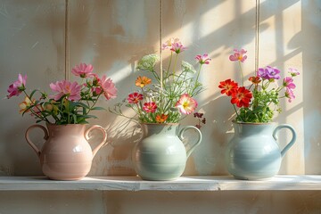 Three vases with flowers are on a shelf