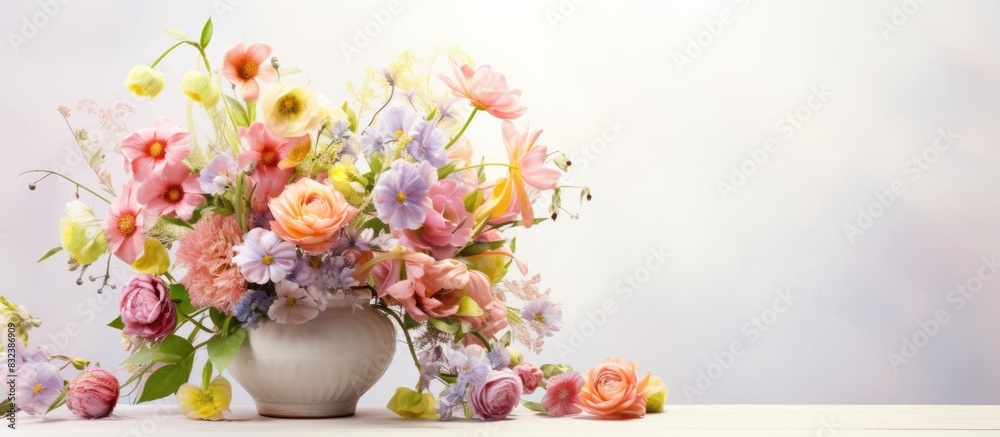 Aufkleber greeting card design spring bouquet of flowers and an envelope invitation congratulation. copy space