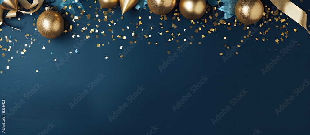 Aufkleber party frame decorations in gold colors on blue color background with empty copy space for text holid