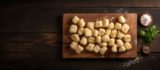 Raw homemade potato gnocchi with fork on wooden cutting board Gray background Top view Copy space - Powered by Adobe