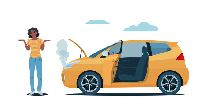 Woman standing next to a broken down car with the hood open. Vector illustration.