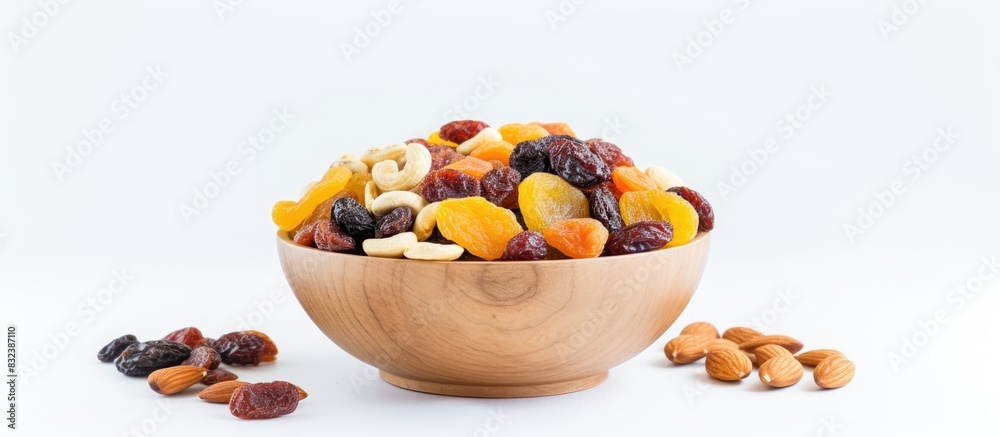 Poster Different dried fruits and nuts in bowl on white background closeup Space for text. copy space available