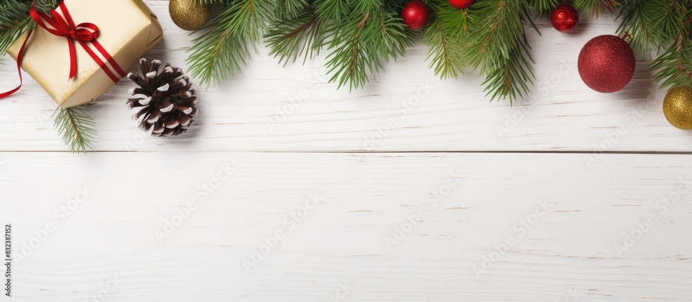 Poster top view of a christmas themed arrangement featuring fir tree branches a gift box and festive decora