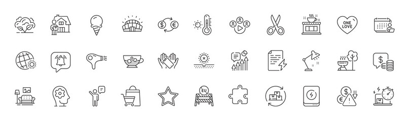 Sale bags, Power bank and Brain working line icons. Pack of Delivery change, Sports stadium, Kpi icon. Cut, Ice cream, Weather thermometer pictogram. One love, Hair dryer, Star. Line icons. Vector