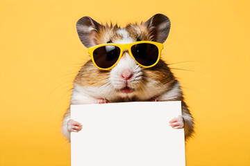 Obraz premium Funny hamster with sunglasses holding blank sign with space for text, isolated background