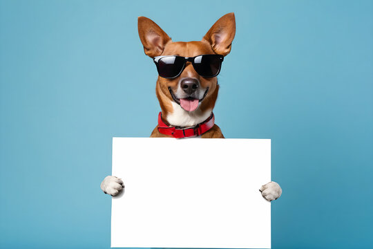 Funny dog with sunglasses holding blank sign with copy space, isolated on a blue background