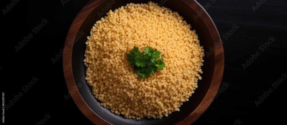 Aufkleber bulgur wheat in a black plate on black background top view copy space flat lay