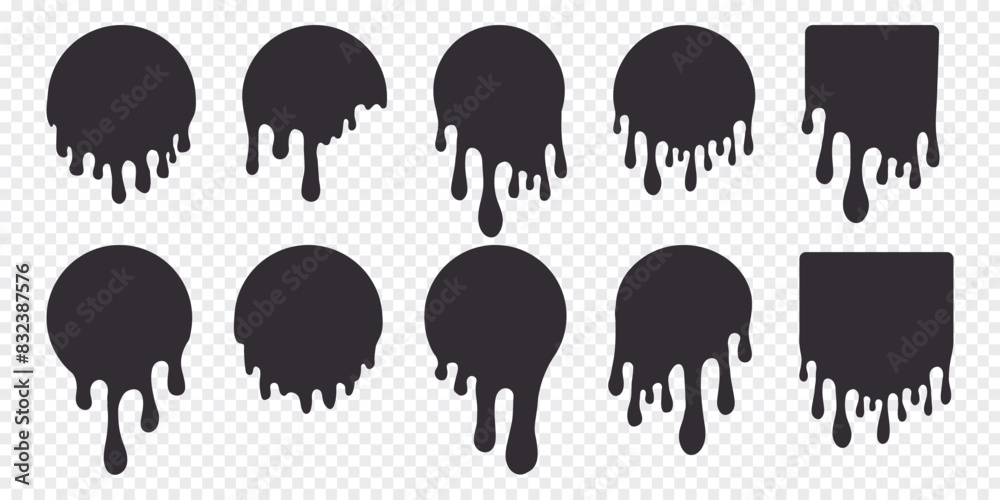 Wall mural Melt circle stickers paint drip , round label, splash with drops, liquid shape graffiti blob stickers, stain isolated on background. Flowing fluid, slime or cream