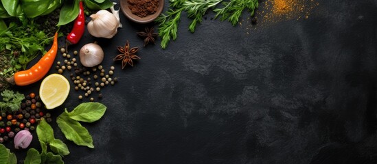 Selection of spices herbs and greens Ingredients for cooking Food background on black slate table Top view copy space