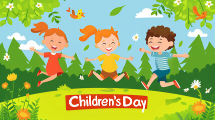 Joyful children celebrating Children's Day in a vibrant outdoor setting. Concept of childhood, joy, and nature.