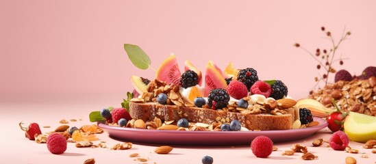 Homemade Granola with bluberries on pink background copy space Healthy snack or breakfast concept...