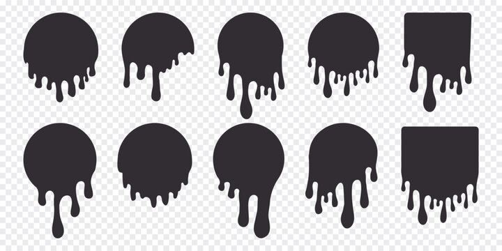 Melt circle stickers paint drip , round label, splash with drops, liquid shape graffiti blob stickers, stain isolated on background. Flowing fluid, slime or cream