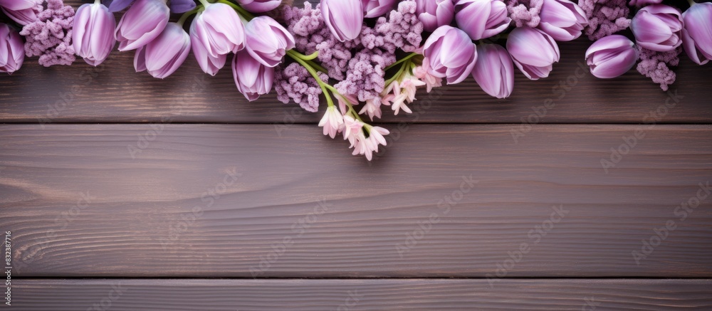 Poster lilac flowers and tulips with a heart in pastel colors on a wooden background with space for text. c