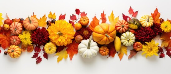 Fototapeta premium Autumn theme concept Flat lay composition with colorful flowers red yellow leaves white pumpkins on white background Bright Fall thanksgiving day concept Flat lay top view copy space