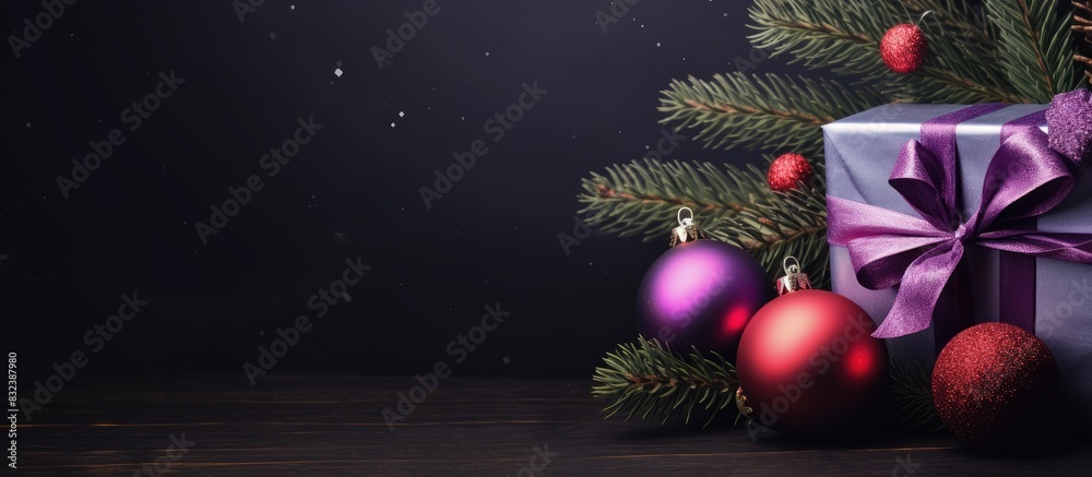 Poster christmas tree branch with purple and red wavy ball gift box on a dark background flat lay with copy