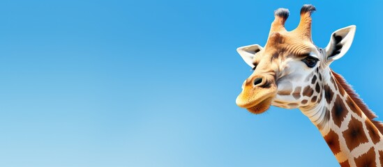 Obraz premium Close up of giraffe head with blue sky in sunny day copyspace