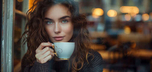 Woman drinking coffee in cafe, lights and reflection