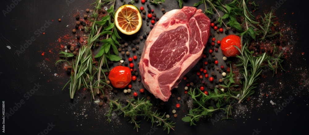 Poster raw beef steak osso bucco with herbs and spices on dark background beef meat top view copy space