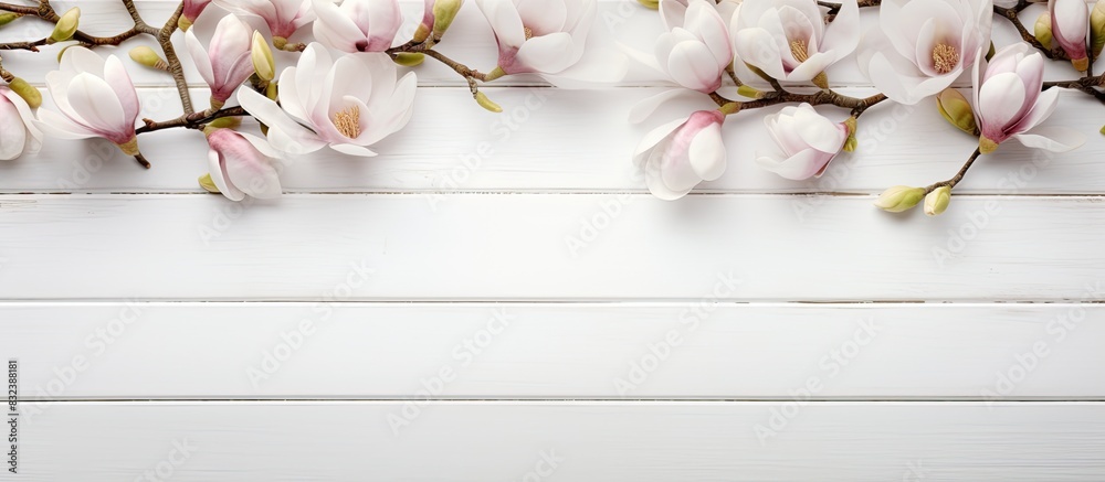 Poster magnolia tree branches with beautiful flowers on white wooden table flat lay space for text. copy sp