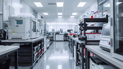 A large, sterile laboratory with a lot of white equipment and counters