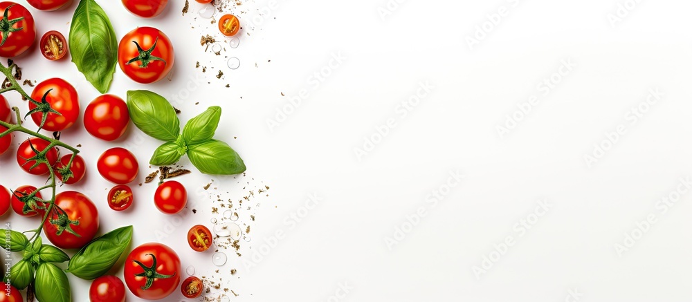 Poster cherry tomatoes and basil tomatoes on a branch red cherry tomatoes with ingredients for cooking salt
