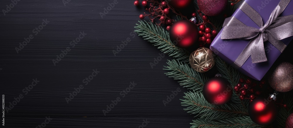 Poster christmas tree branch with purple and red wavy ball gift box on a dark background flat lay with copy
