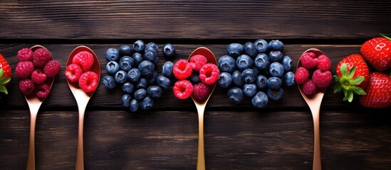 A top down view of various berries blueberries raspberries and strawberries is showcased on an old wooden background specifically a vintage spoon This image presents a copy space for incorporating te - Powered by Adobe