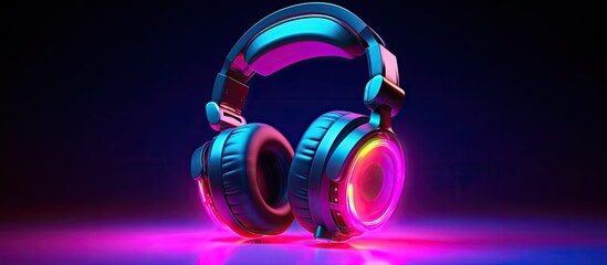 Retro 90s style photo of black stylish wireless headphone in neon lights. copy space available