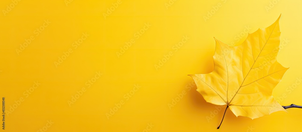 Poster a summery concept is conveyed with a copy space image of a leaf against a vibrant yellow backdrop