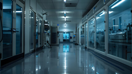 A large, sterile laboratory with a lot of white equipment and counters