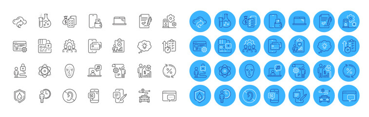 Lock, Timer and Accounting wealth line icons pack. Inspect, Loan percent, Chemistry flask web icon. Phone pay, Seo message, Waiting pictogram. Filling station, Phone chat, Seo statistics. Vector