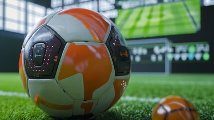 A smart soccer ball on the field, equipped with sensors to track speed, spin, and flight path, displayed next to a digital screen showing performance data.