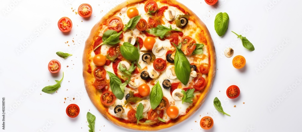 Poster fresh baked hot pizza on white background with copy space on the left side vegetarian pizza with veg