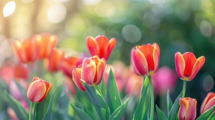 Vibrant Tulips in Full Bloom on a Bright Spring Day with a Blurry Background