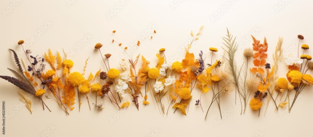 Poster a vibrant arrangement of dried autumn flowers resting on a white frame against a yellow paper backdr