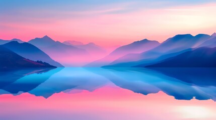 A stunning sunrise over a calm lake surrounded by blue and pinkish mountains, reflecting the vibrant sky colors in the tranquil water.