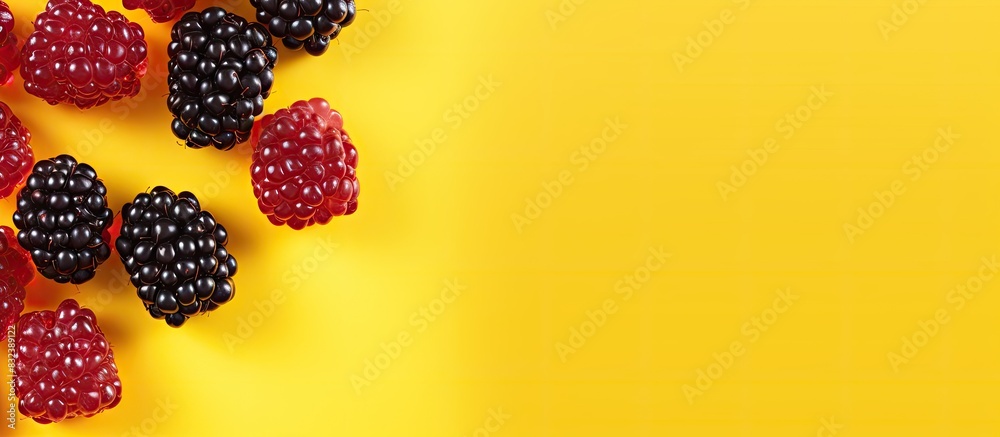 Aufkleber candy heart blackberry raspberry jelly gummy candy sweets on yellow color background space for text 