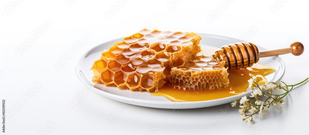 Poster honeycombs and nuts on plate isolated on white. copy space available