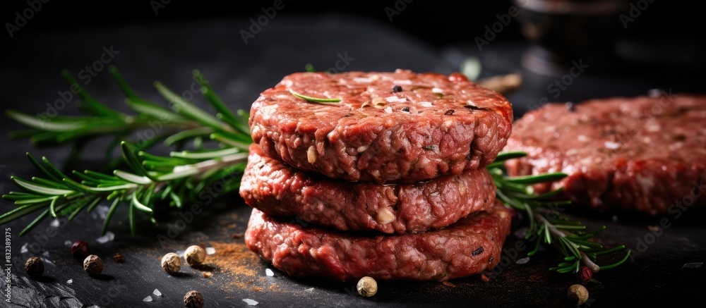 Poster raw beef burger cutlets with rosemary and spices on a slate board on a concrete background. copy spa