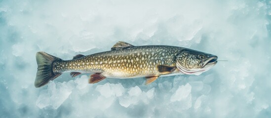 Pike fish on ice Top view with copyscape Winter fishing Big fish catch theme Winter sports background