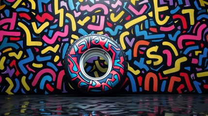 Colorful tire with graffiti background for urban and trendy designs