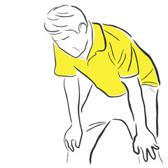 Hand drawn line art vector of a man suffering from shortness of breath, heart congestion and exhaustion due to back ache.
