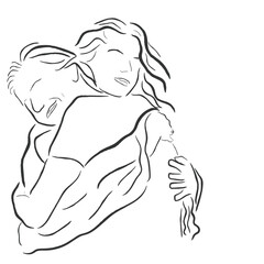 hand drawn line art vector of an aged mother hugging her adult daughter. A pure moment of bliss concept