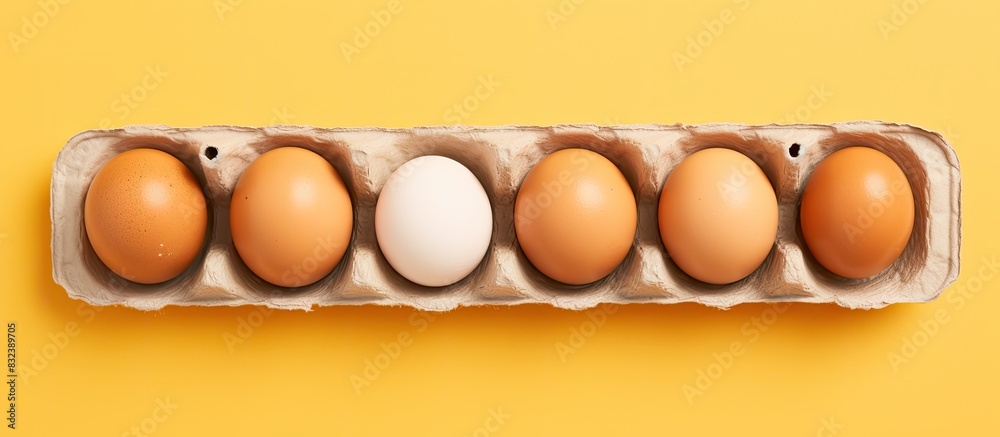Poster overhead view of brown chicken eggs in an open egg carton isolated on yellow fresh chicken eggs back