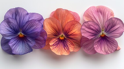 three flowers, top view of pansy pink with purple and orange with purple on a white isolated background