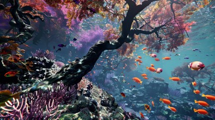 Colorful underwater coral reef with fish for marine life themed designs
