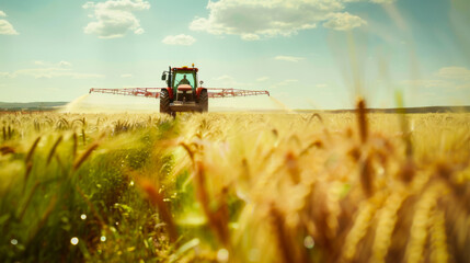 Fototapeta premium Modern tractor spraying herbicide before harvesting on an agricultural field. Agricultural equipment cultivates the field. Agriculture concept.