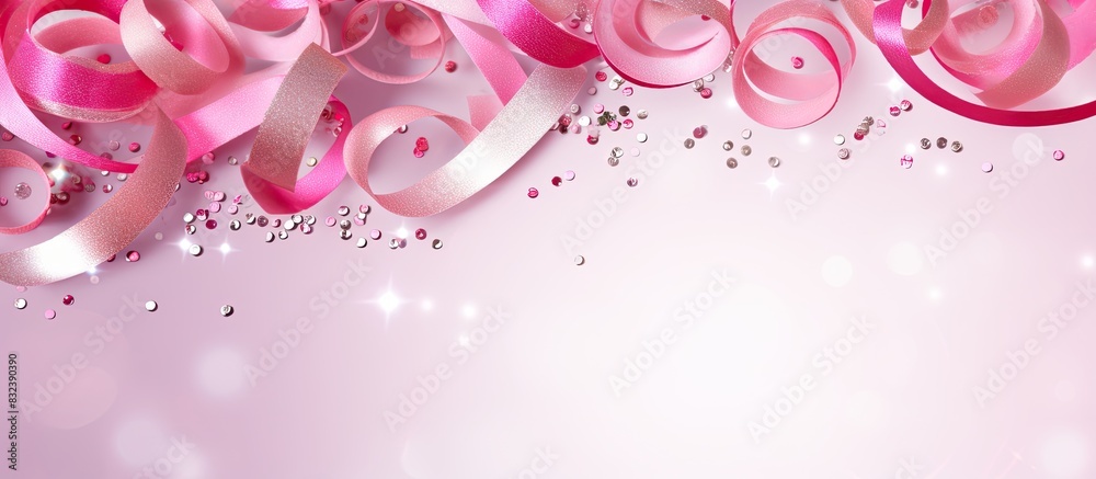 Poster festive party border or frame of silver spiral streamers and confetti on pink background top view fl