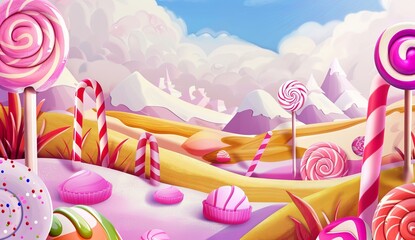 A whimsical, candy land background with sweets, candies, and vibrant colors.